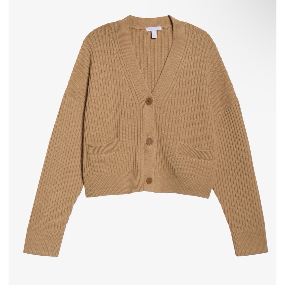 NWT $178 Beyond Yoga L Soft Rib Button Wool Blend Cardigan Knit Sweater Camel